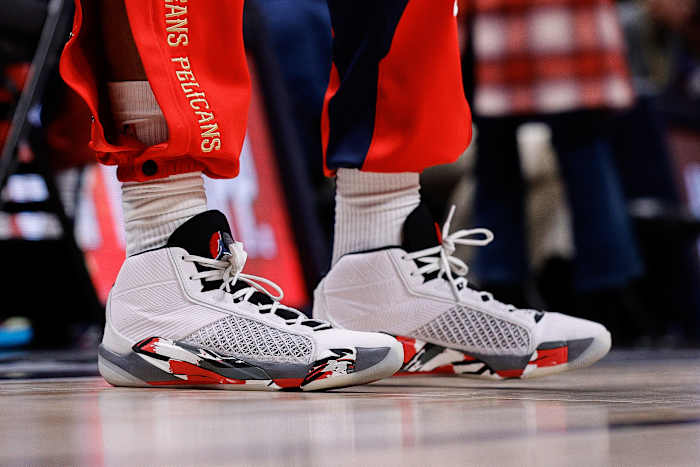New Orleans Pelicans forward Brandon Ingram's white and black Air Jordan sneakers.